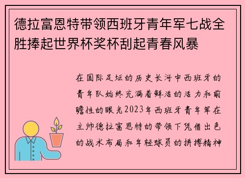 德拉富恩特带领西班牙青年军七战全胜捧起世界杯奖杯刮起青春风暴 德拉富恩特带领西班牙青年军七战全胜捧起世界杯奖杯刮起青春风暴